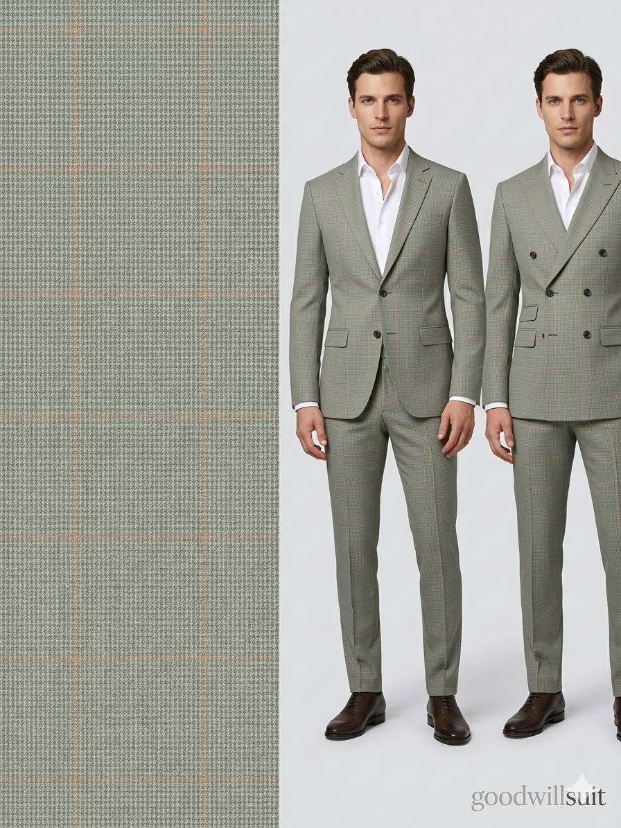 Olive houndstooth wool blend fabric — bespoke 2-button and double-breasted suit look — Goodwill Suit