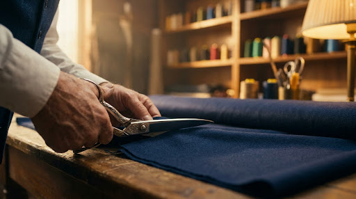 Master tailor cutting fabric with precision scissors — Goodwill Suit workshop Chitwan