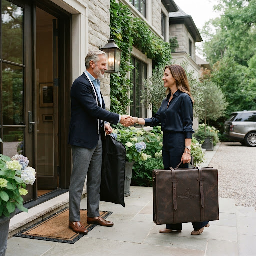 Home fitting service — tailor taking measurements at client home — Goodwill Suit