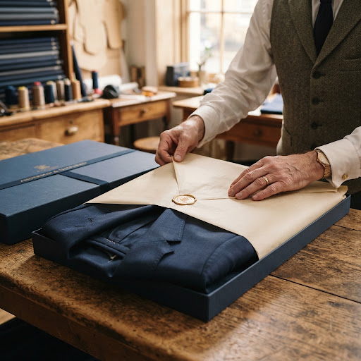 Premium suit packaging in garment bag ready for delivery — Goodwill Suit