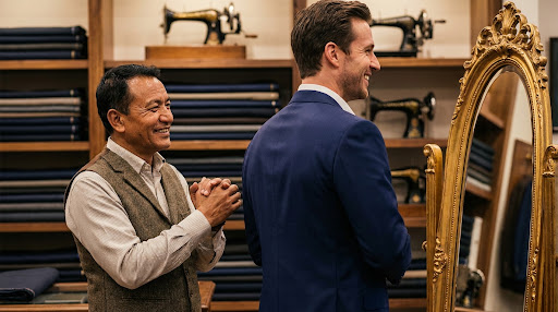 Master tailor with customer during bespoke fitting session — Goodwill Suit Narayanghat