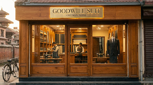 Goodwill Suit workshop interior with sewing machines and fabric rolls — Chitwan