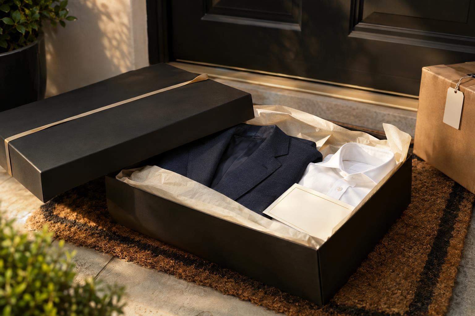 Bespoke suit in a premium gift box delivered to a doorstep