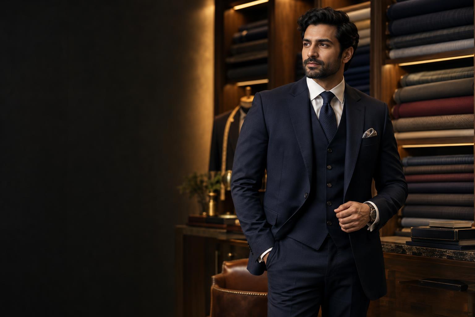 Client in a bespoke navy three-piece suit inside the Goodwill Suit atelier