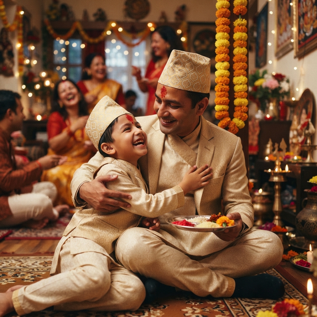 Father and son in matching tailored Daura Suruwal — Goodwill Suit family package