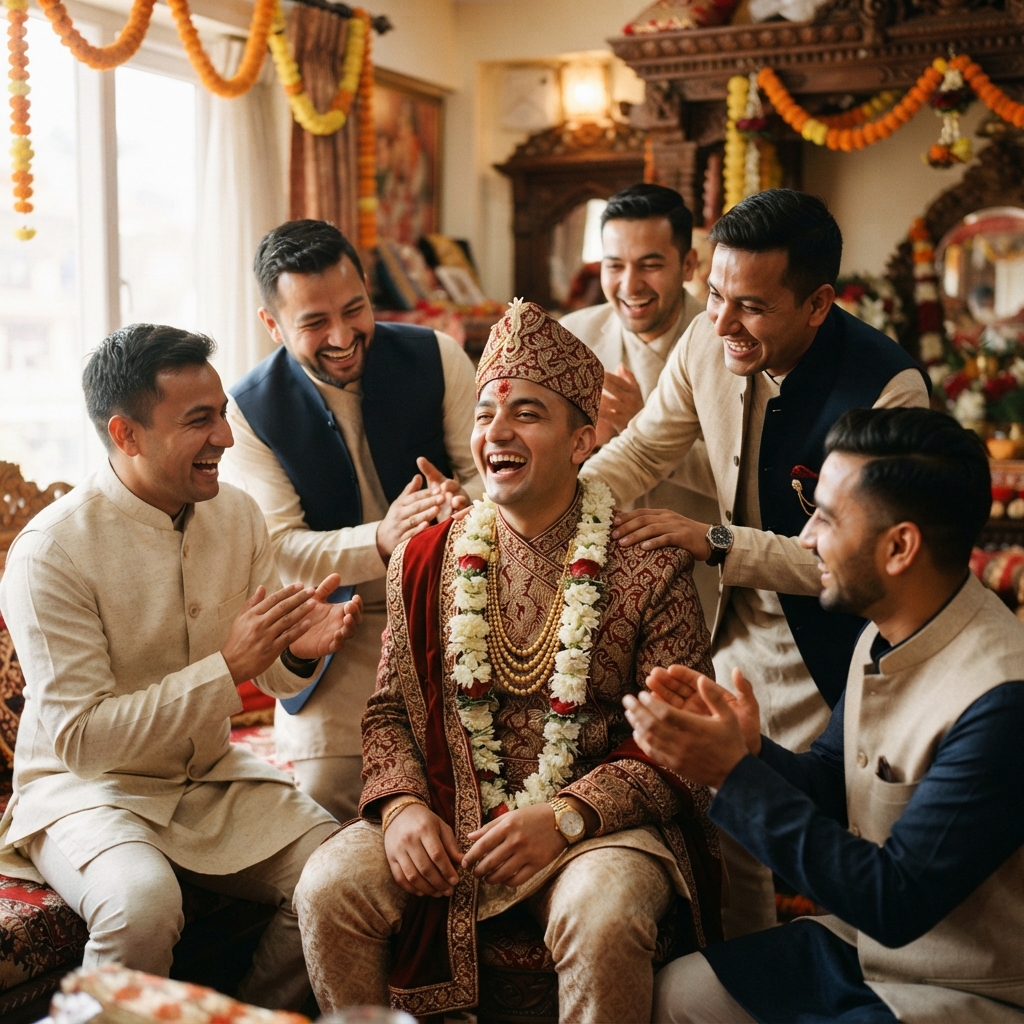 Nepali groom in red wedding sherwani laughing with family — Goodwill Suit customer