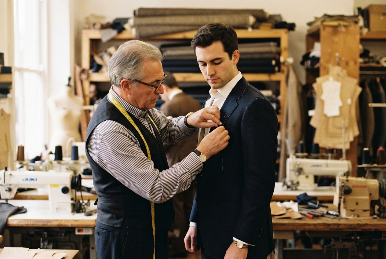 Master tailor pinning fabric during bespoke fitting — Goodwill Suit Narayanghat