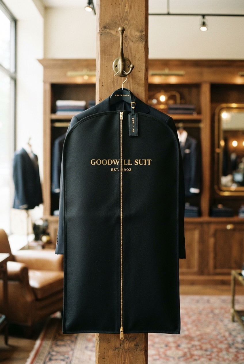 Premium black garment bag with gold monogram — Goodwill Suit packaging