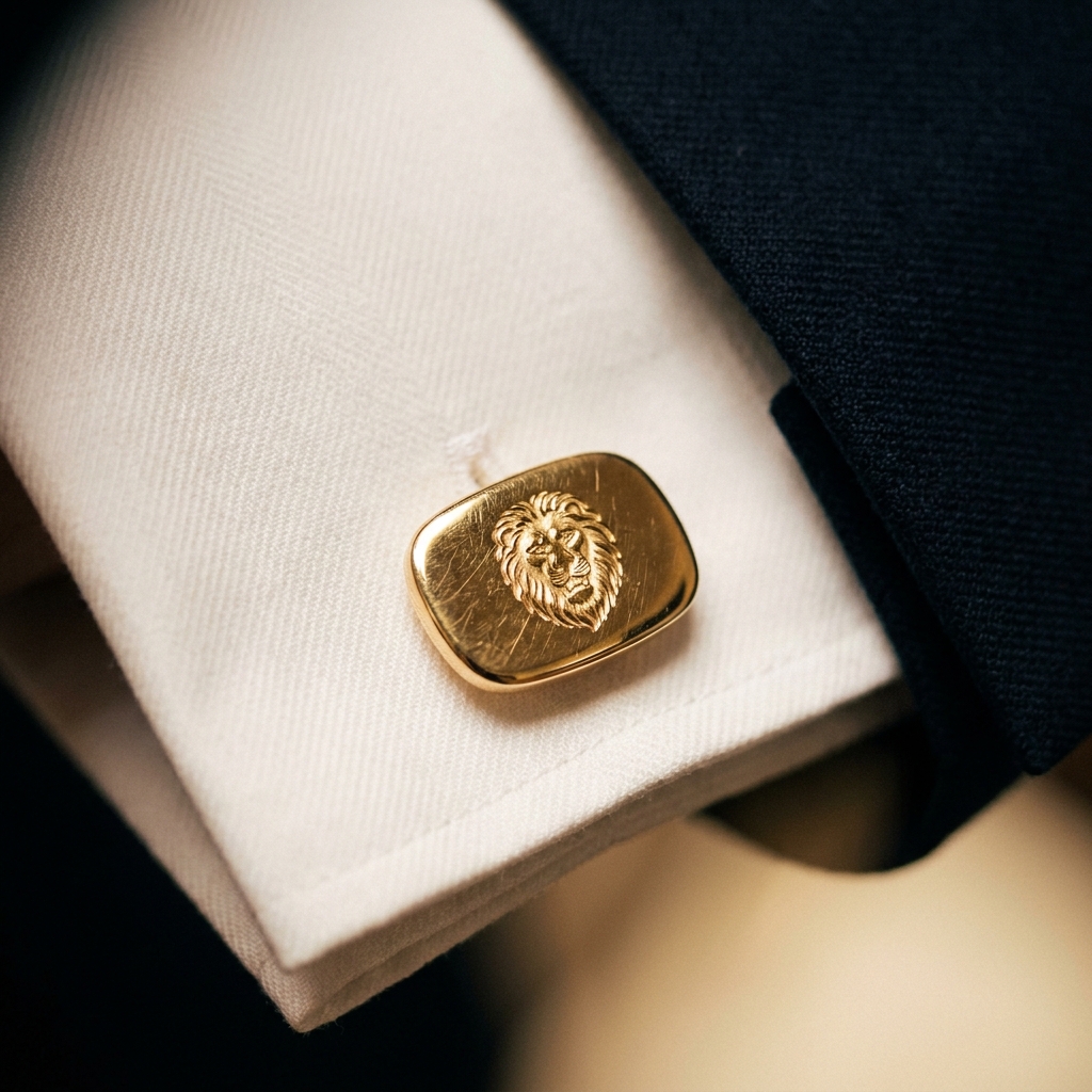 Luxury gold cufflink on crisp bespoke white shirt — Goodwill Suit detail craftsmanship