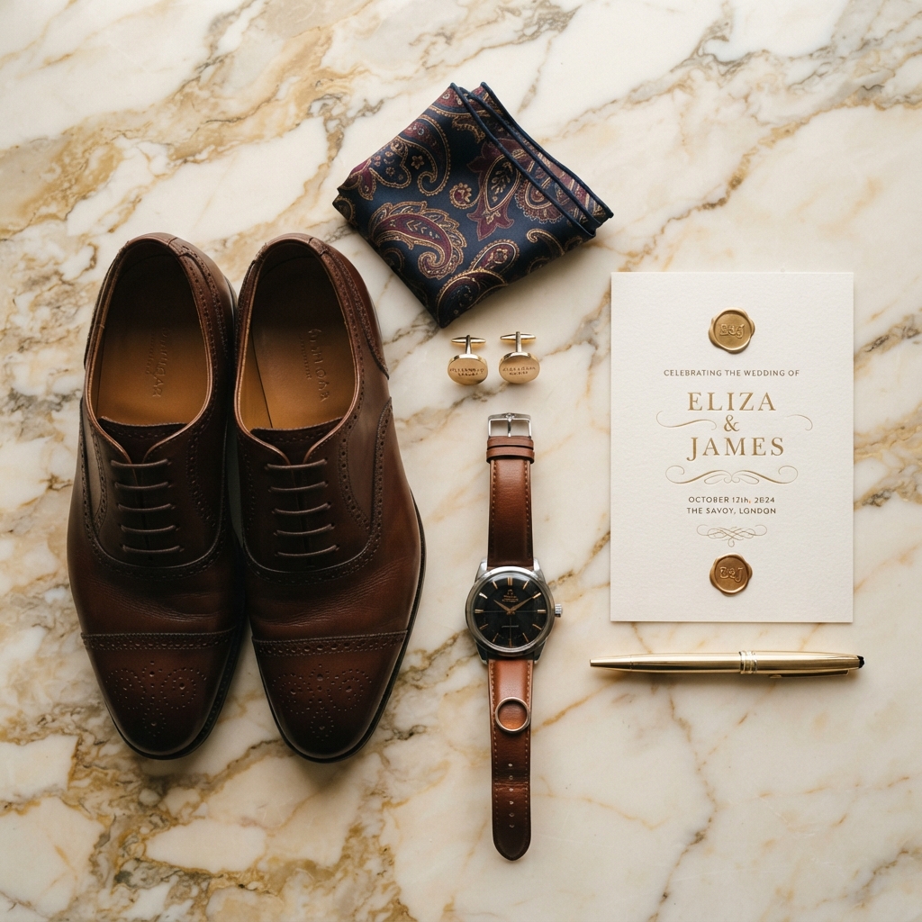 Bespoke suit accessories flat lay on marble — cufflinks, tie, pocket square — Goodwill Suit