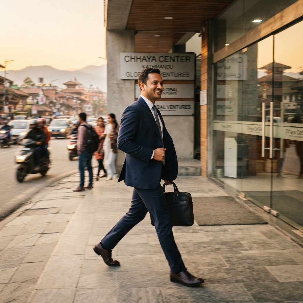 Confident Nepali executive in navy bespoke suit — Goodwill Suit Chitwan