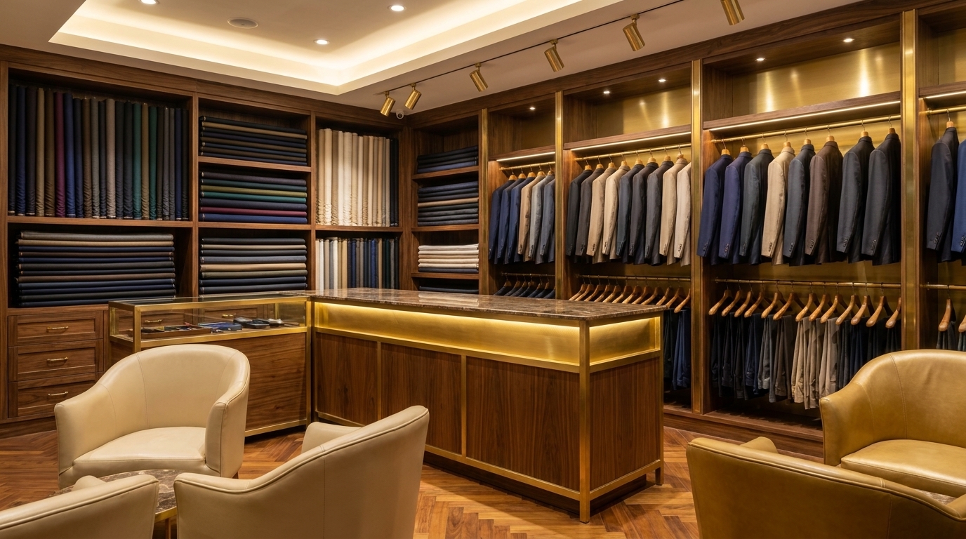 Premium bespoke tailoring showroom interior — Goodwill Suit Narayanghat
